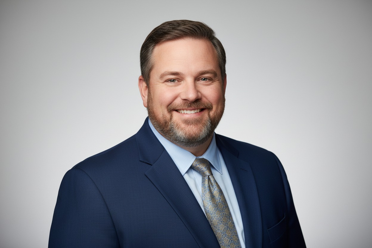 A smiling man with short brown hair and a beard wears a blue suit, light blue shirt, and patterned tie against a light grey background.
