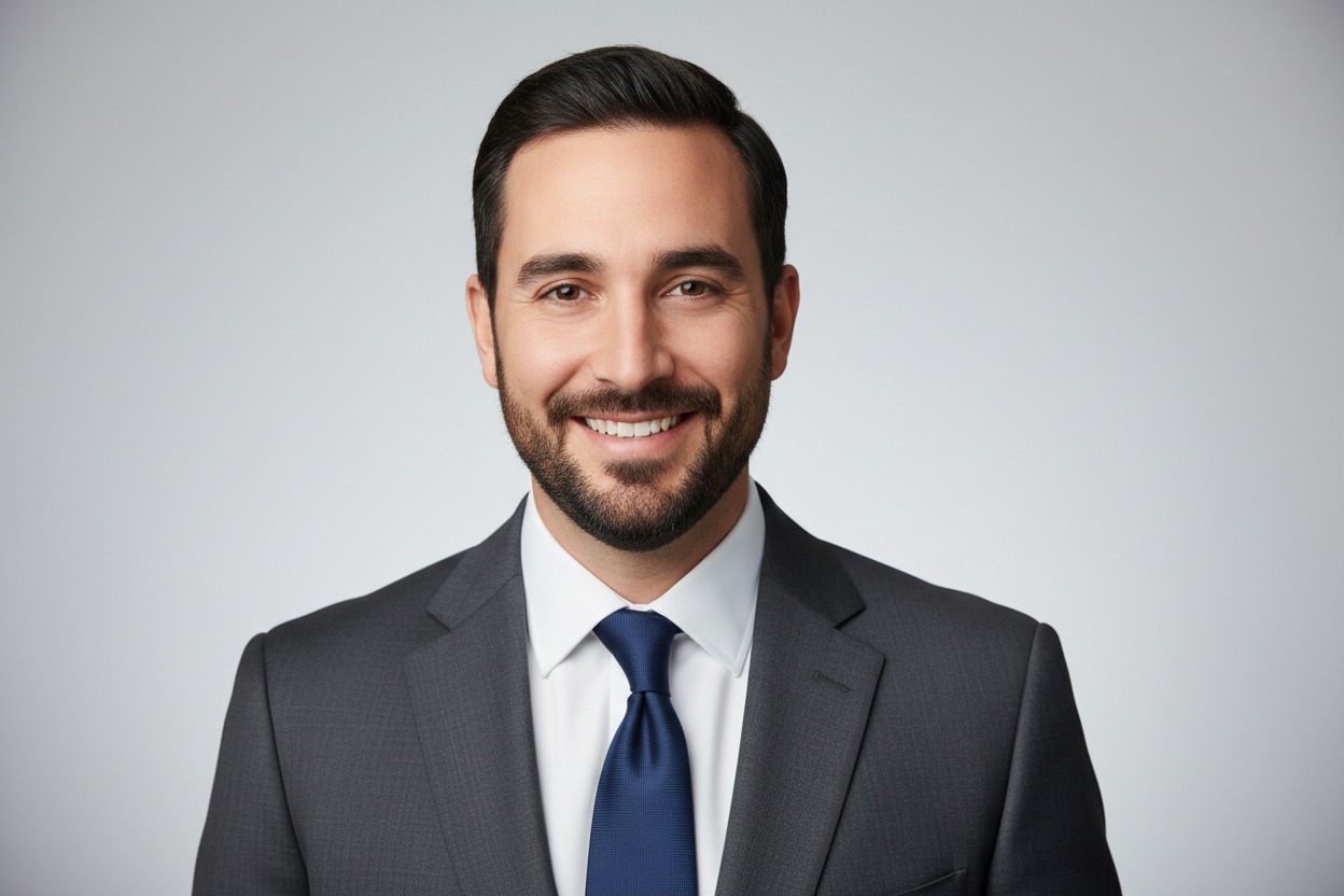 A man with dark hair and a beard wearing a grey suit, white shirt, and blue tie smiles at the camera against a plain grey background.